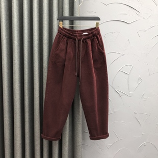 宽松加厚老爹垮裤 酒红色松紧腰加绒休闲哈伦牛仔裤 女2024秋冬时尚