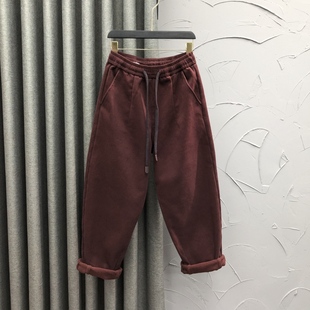 宽松加厚保暖老爹垮裤 酒红色高腰加绒休闲哈伦牛仔裤 时尚 秋季 女装