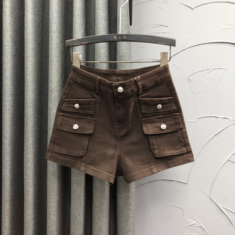 咖啡色中高腰弹力牛仔短裤女夏季宽松个性辣妹设计感休闲工装热裤