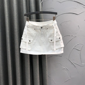 白色高腰牛仔短裙女2026年新款 洋气休闲大口袋A字包臀裙 夏天时尚