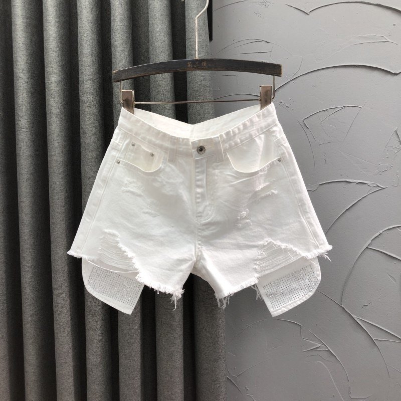 白色个性高腰牛仔短裤女夏天时尚潮流口袋烫钻A字破洞阔腿热裤潮