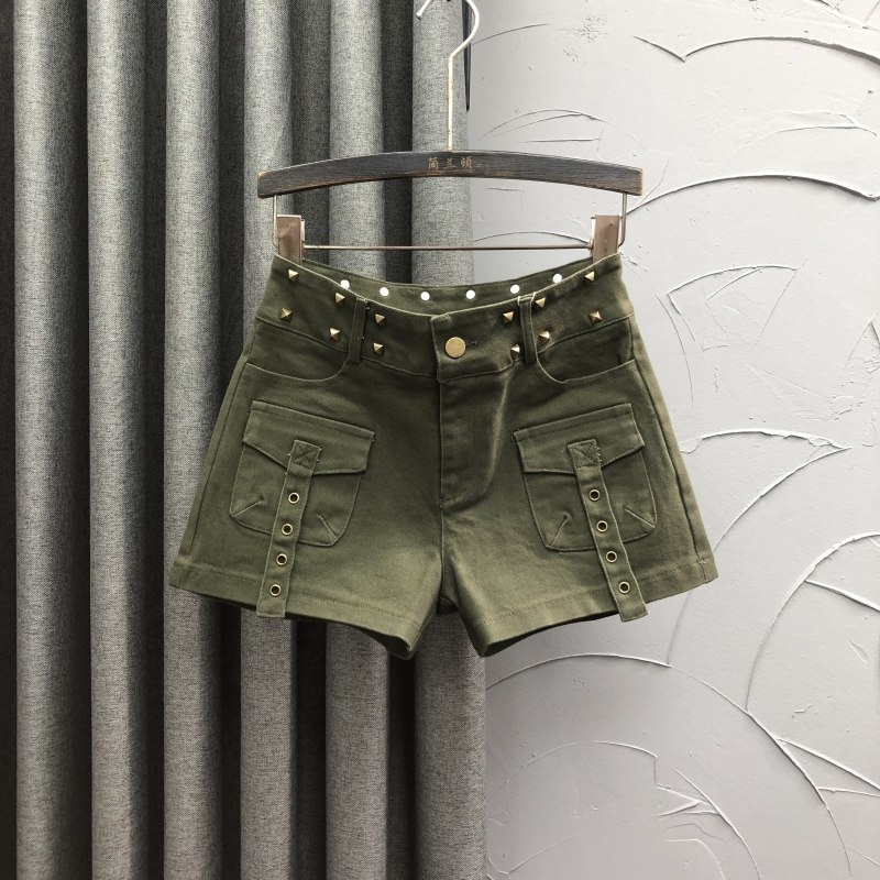 军绿色高腰休闲牛仔短裤女