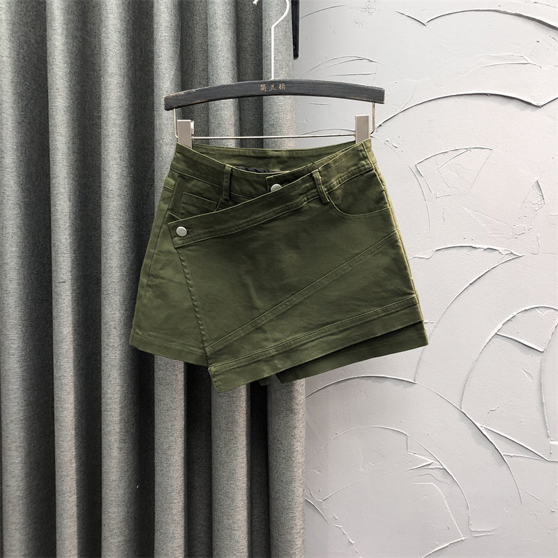 军绿色高腰牛仔短裤裙女2024年新款夏天假两件休闲A字阔腿热裤潮