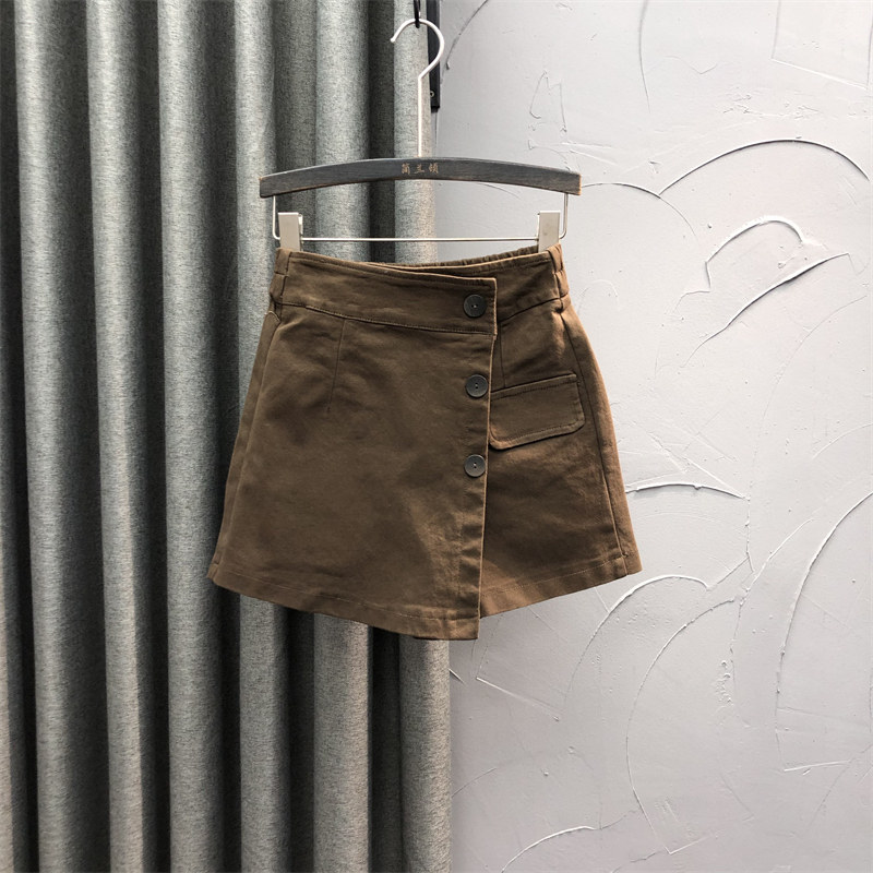 咖啡色假两件牛仔裤裙女2021年新款秋冬高腰休闲不规则A字短裤潮