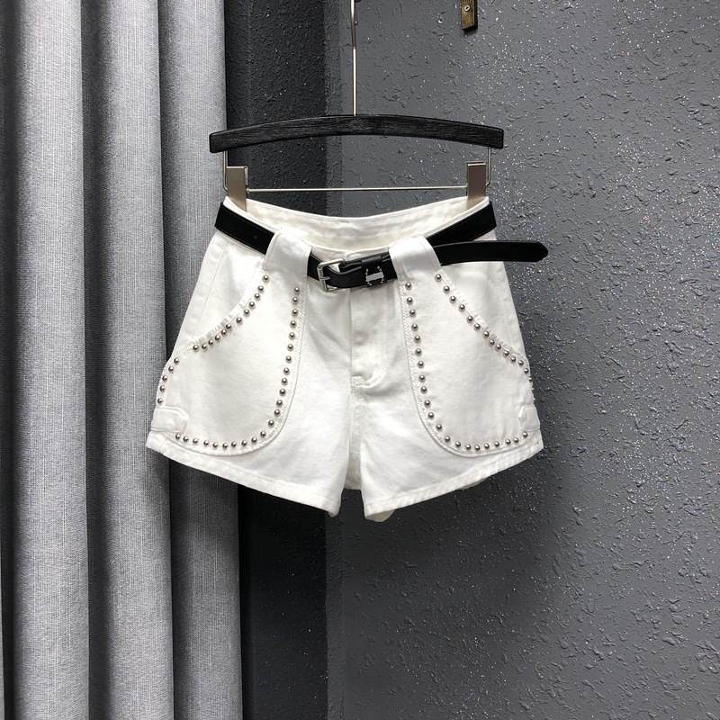 欧洲站重工钉珠白色牛仔短裤女夏宽松显瘦铆钉阔腿裤百搭A字热裤