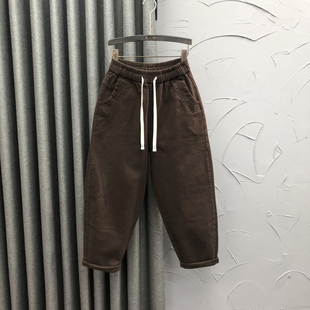 宽松显瘦遮垮九分老爹裤 咖啡色高腰薄绒哈伦牛仔裤 女2025秋冬时尚