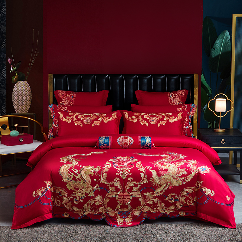 结婚全棉四件套婚床上用品大红色新婚婚庆床品六件套刺绣婚嫁喜被