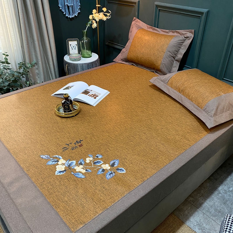 绣花冰丝藤席三件套床上用品家用凉席可水洗折叠草席子夏季空调