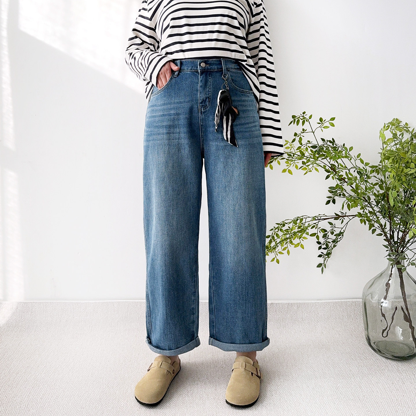 大爽大码女装微胖哈伦牛仔裤女春季高腰男友裤胖mm直筒老爹裤子潮