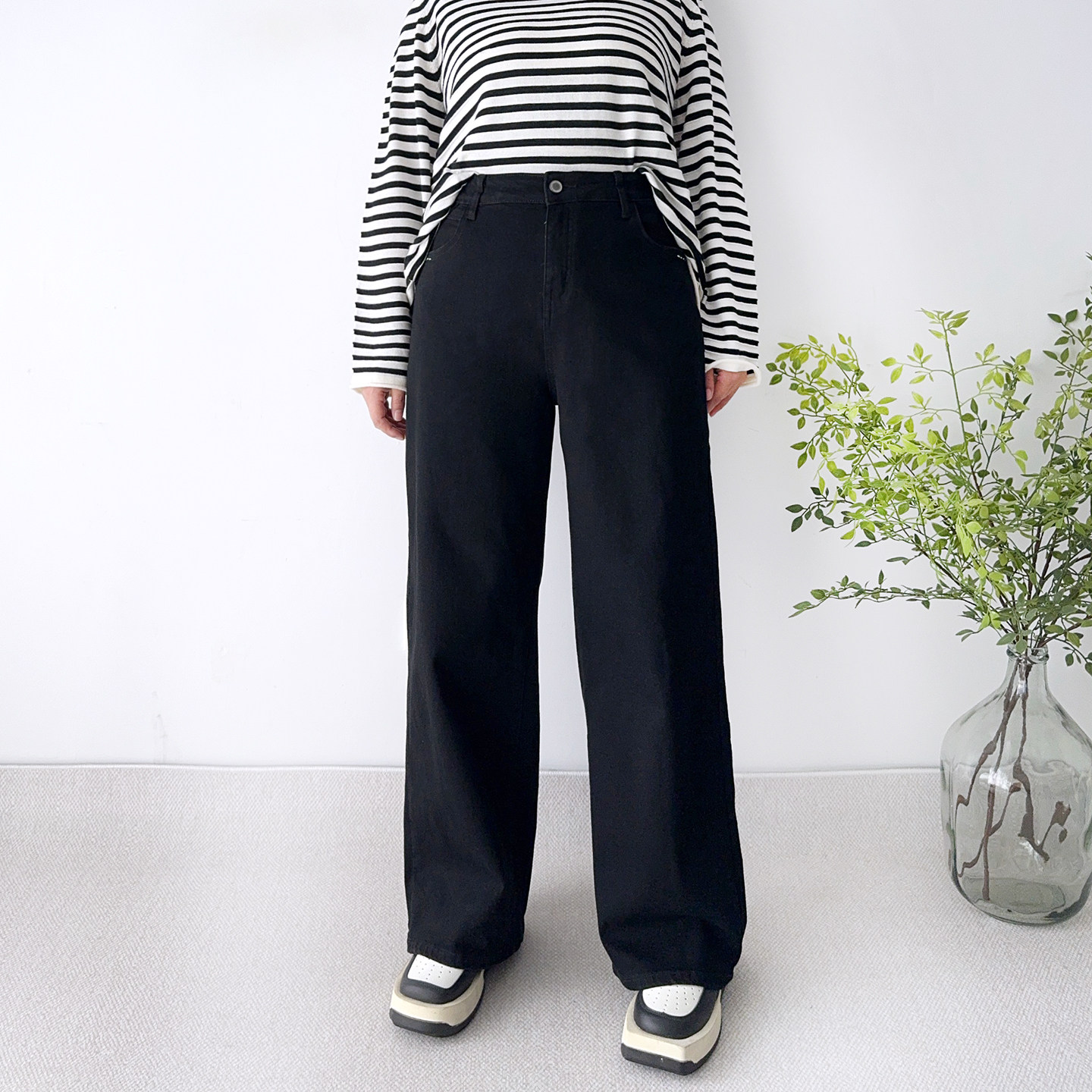 大爽大码直筒高个子阔腿牛仔裤女长裤遮跨女裤胖mm四面弹黑色裤子