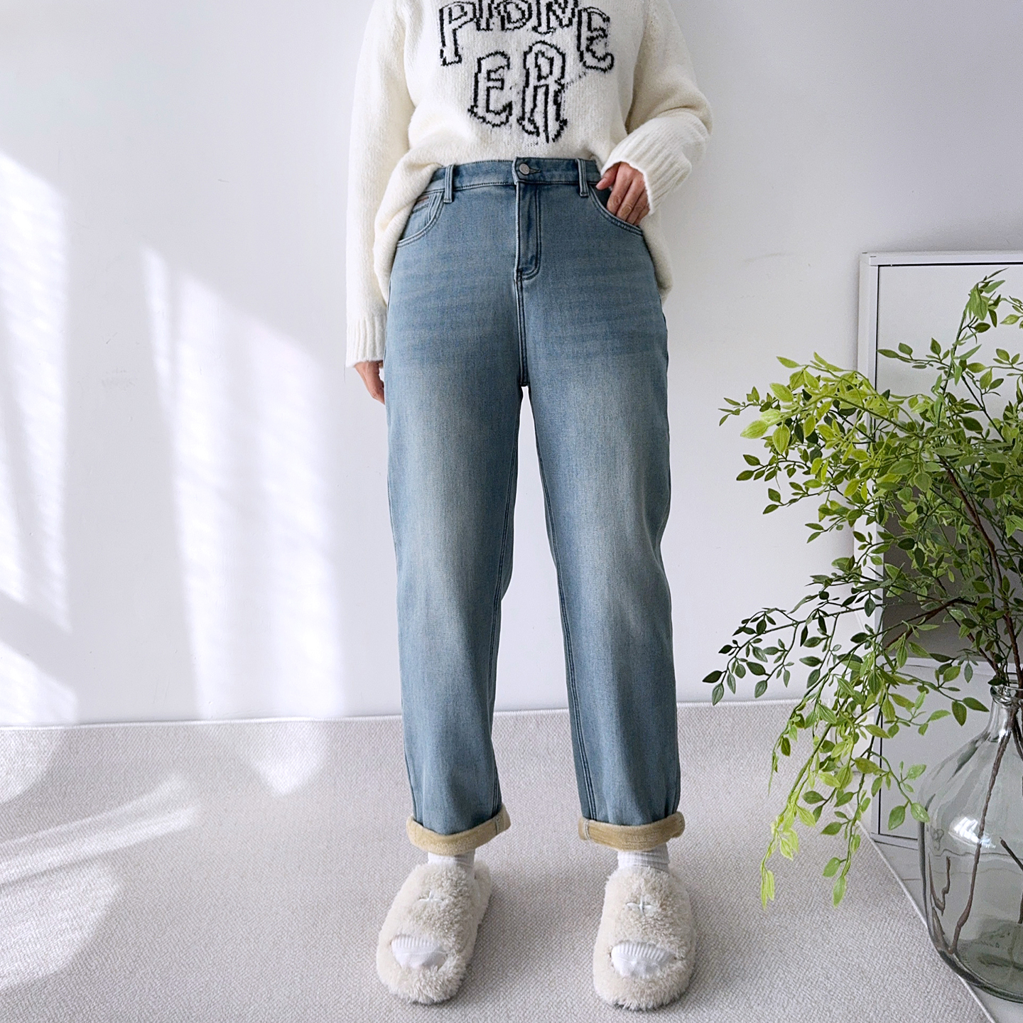 大爽家大码加绒哈伦牛仔裤女冬季