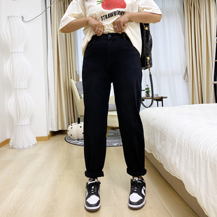 子胖mm宽松老爹裤 大码 高腰松紧腰弹力黑色显瘦裤 女秋季 哈伦牛仔裤