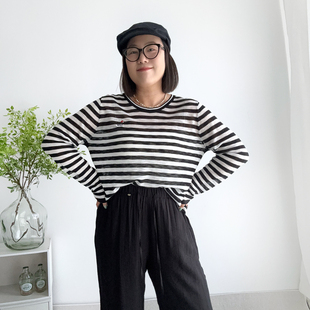 薄宽松防晒罩衫 大码 T恤女夏季 女装 显瘦圆领上衣胖mm 黑色条纹长袖