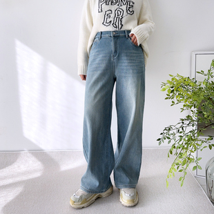 胖mm裤 大爽家大码 女冬拖地裤 加绒加厚高个子直筒阔腿牛仔裤 子 女装