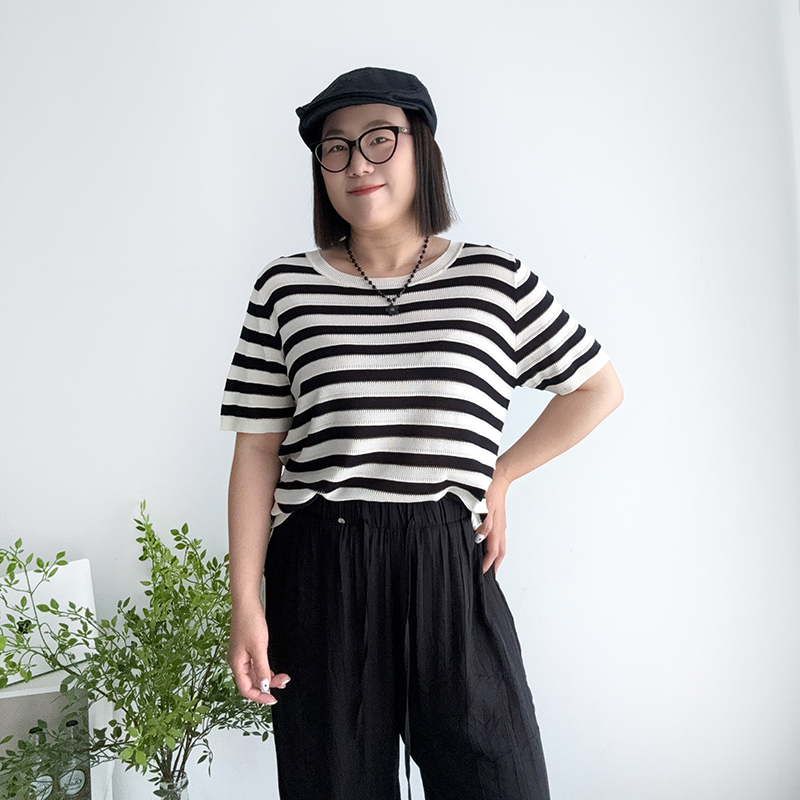 大码夏季冰丝条纹针织短袖T恤女