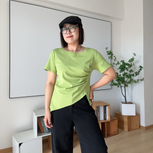 上衣胖mm 大码 女装 收腰圆领遮肉不规则T恤女夏季 显瘦褶皱正肩短袖