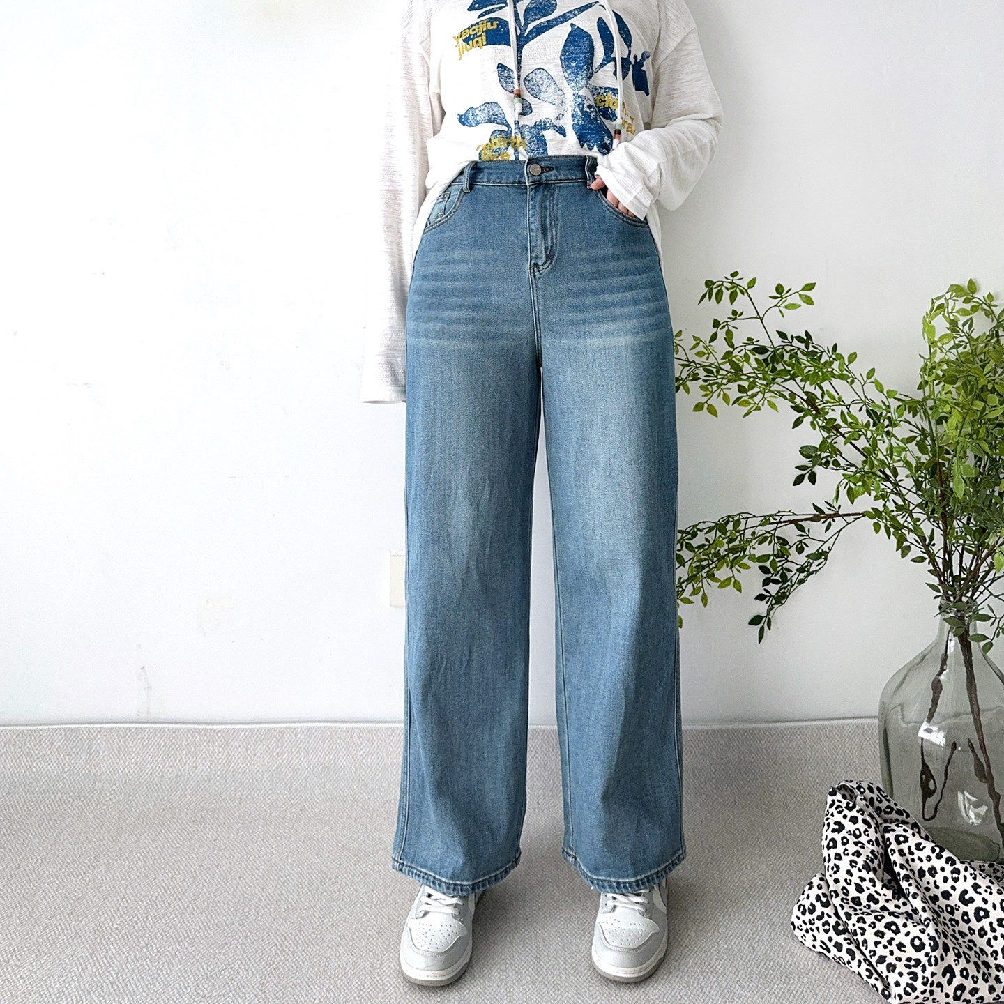 大爽大码女装窄版直筒牛仔裤女春季高弹女裤胖mm高腰显瘦蓝色裤子