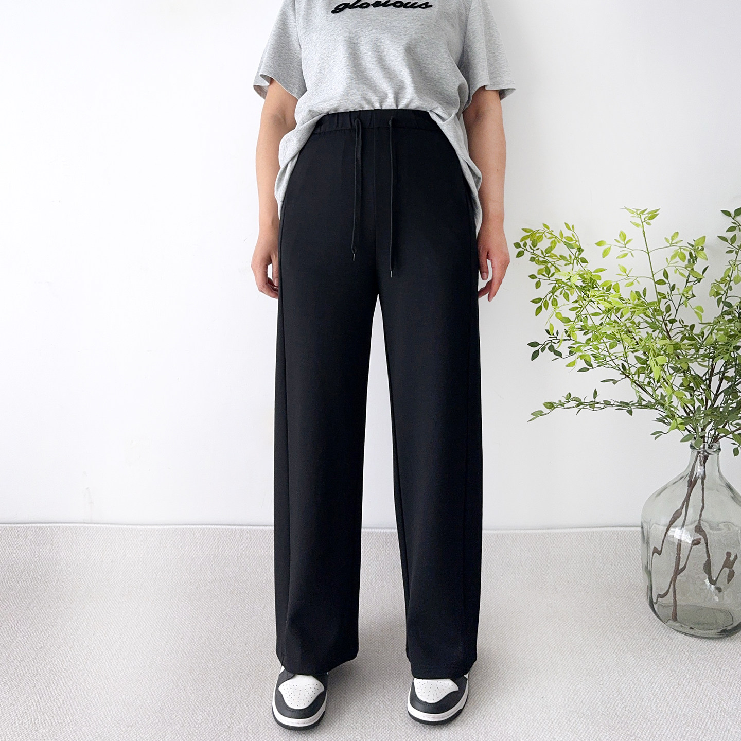 大爽大码高个子窄版直筒休闲裤女夏季拖高腰女裤胖mm黑色遮跨裤子