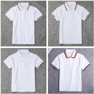 儿童白色POLO衫 校服短袖 翻领男女童红黑条领白T恤小学生夏季 夏款