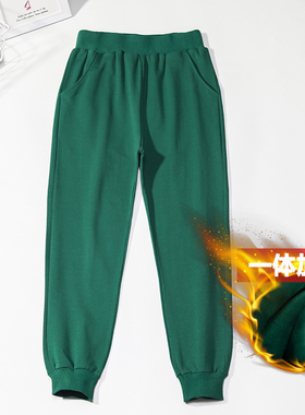 男童绿色运动裤中小学生校服裤子儿童女童墨绿色卫裤春秋加绒长裤