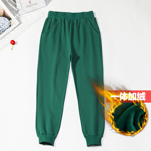 春秋加绒长裤 子儿童女童墨绿色卫裤 中小学生校服裤 男童绿色运动裤