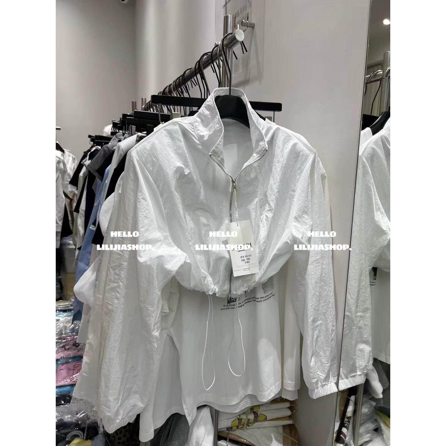 百搭立领拉链短外套女2026春季薄款收腰长袖夹克白色防晒抽绳上衣