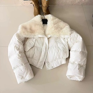 羊羔绒大毛领羽绒服女短款白色翻领设计感小个子保暖外套冬季新款