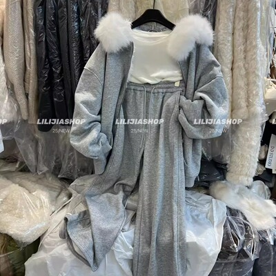灰色韩版时尚连帽毛领卫衣套装