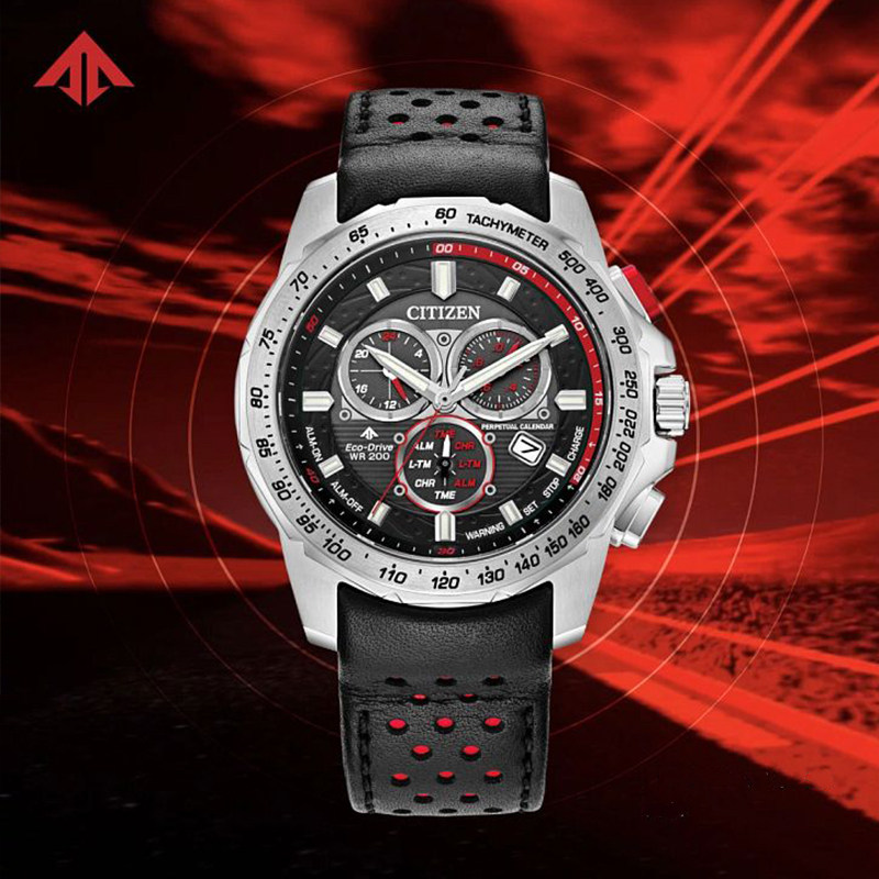 西铁城赛车光动能三眼黑盘运动休闲风皮带男士手表bl5578-51e