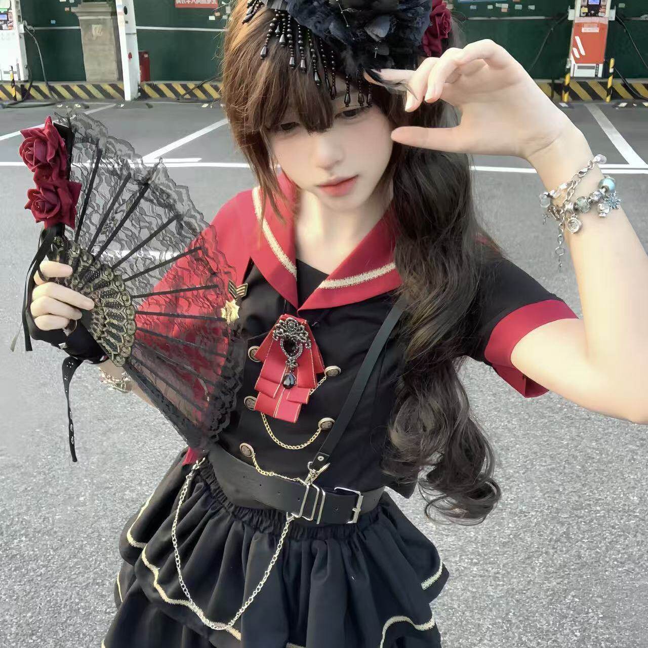 原创正品黑红少女暴君JK制服不良收腰披肩海军lo风短袖水手服套装