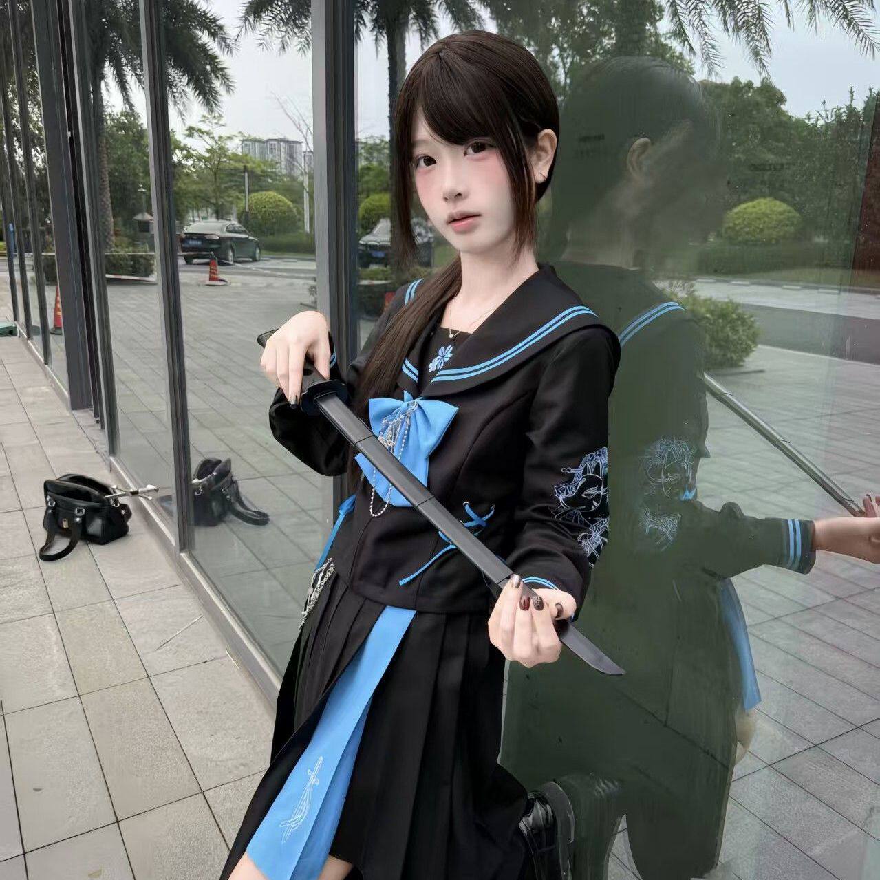 二次元原创正版收腰女jk制服校园风长短袖不良长短裙水手 服 套装