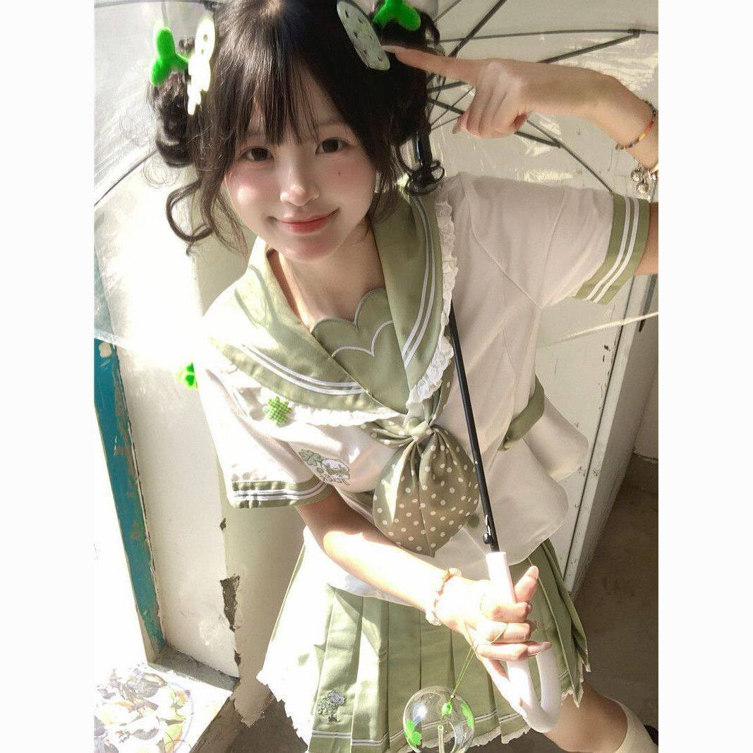 「四叶草」蕾丝花边jk制服水手服正版原创收腰百褶短裙套装春夏款