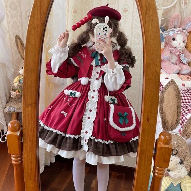 蔷薇冬红色洋装甜美萝莉套连衣裙