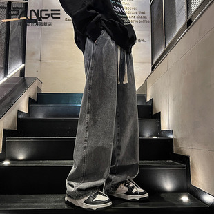 子秋冬潮牌痞帅阔腿裤 烟灰色牛仔裤 高街裤 直筒宽松美式 男2025新款
