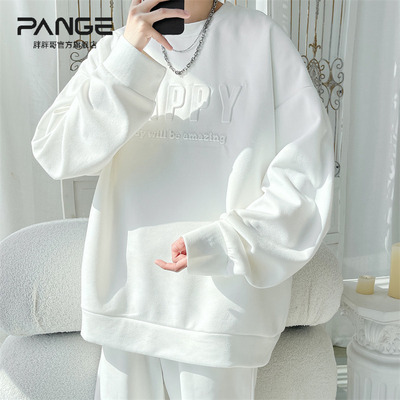 美式重磅白色圆领卫衣男生