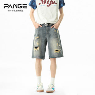休闲潮牌复古水洗中裤 美式 夏季 薄款 破洞牛仔短裤 五分裤 男宽松大码