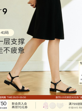 7or9凉鞋女鞋平底鞋夏季一字带羊皮软底舒适露趾通勤单鞋黑色布丁