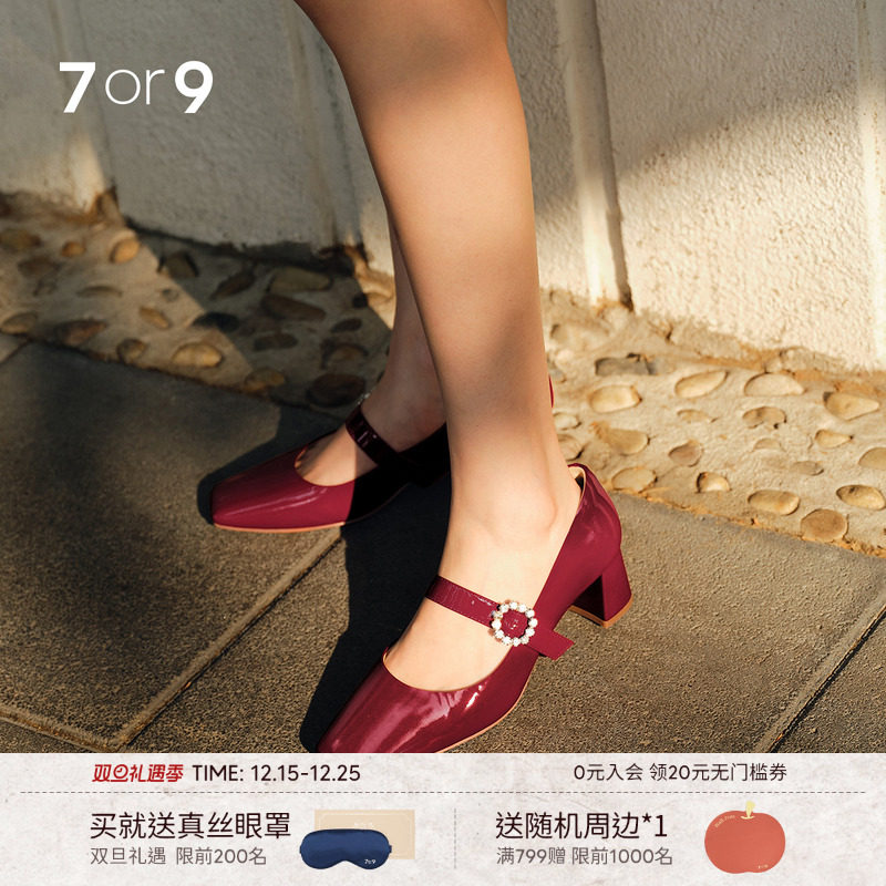 7or9玛丽珍鞋红色高跟鞋粗跟单鞋