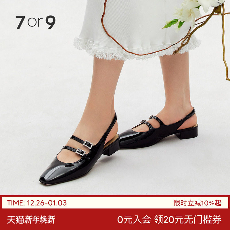 7or9黑莲女时装凉鞋包头粗跟鞋黑色漆皮单鞋通勤鞋2025新款