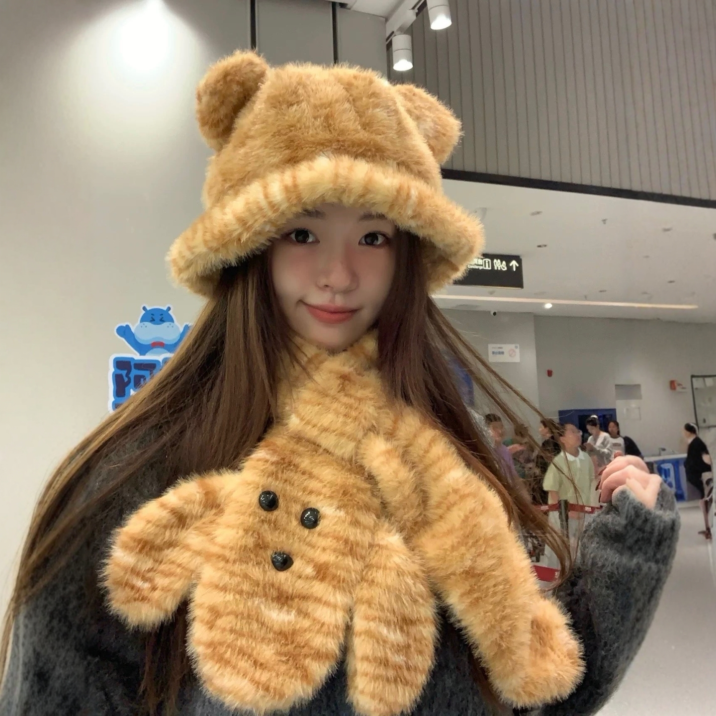 卡通毛绒绒可爱围巾保暖虎纹小熊渔夫帽子围脖学生可爱小老虎秋冬