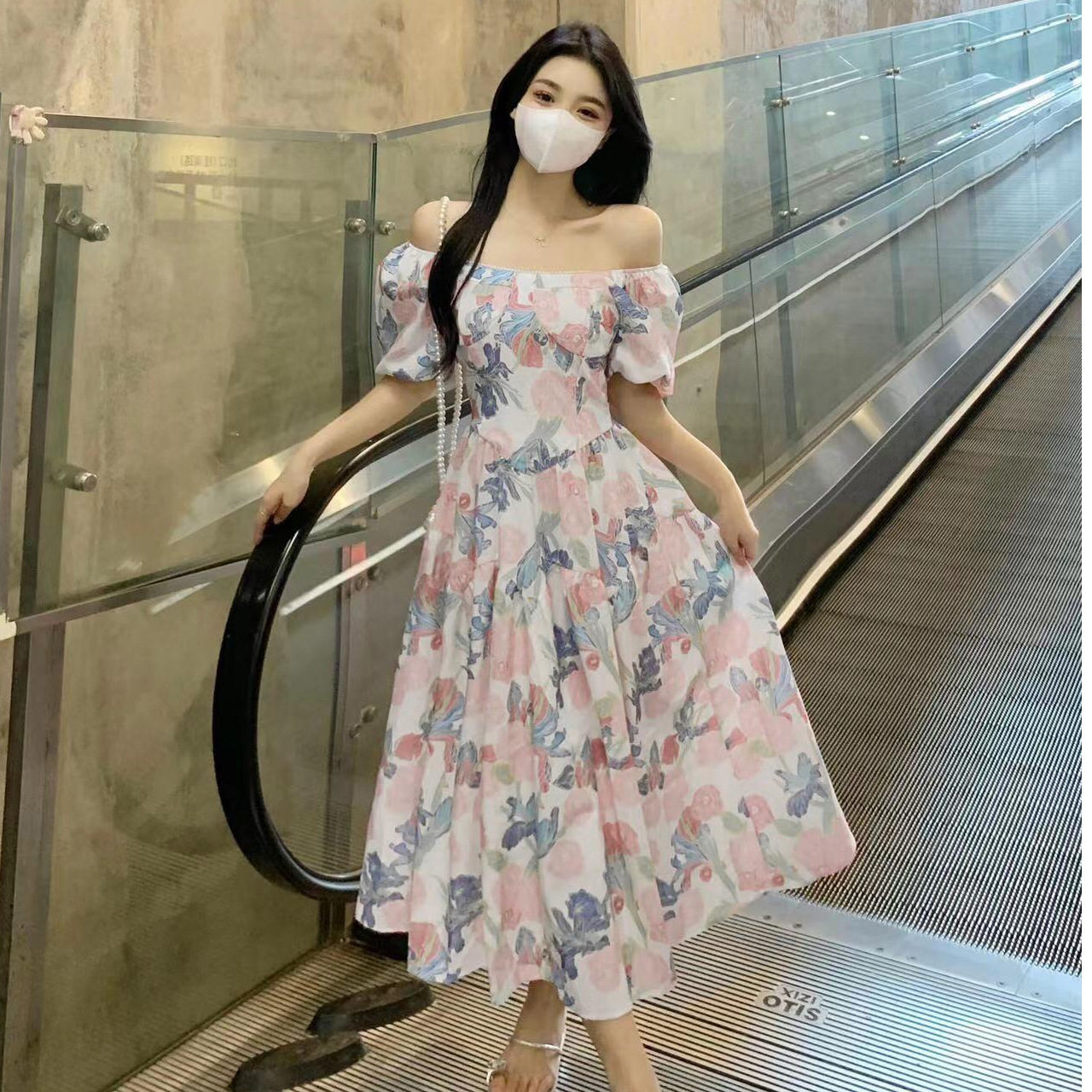 设计感两穿连衣裙2025夏季甜美粉色印花裙收腰显瘦气质名媛a字裙