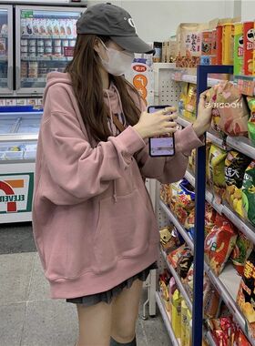 纯棉新款上市2023年秋季优质overs宽松奶系穿搭连帽女春秋粉色风