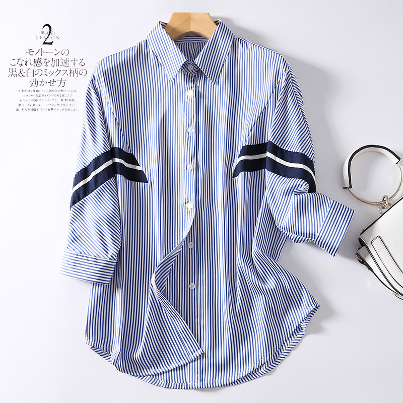 条纹衬衫女七分袖2020年春夏新款复古港风休闲雪纺衬衣百搭女上衣