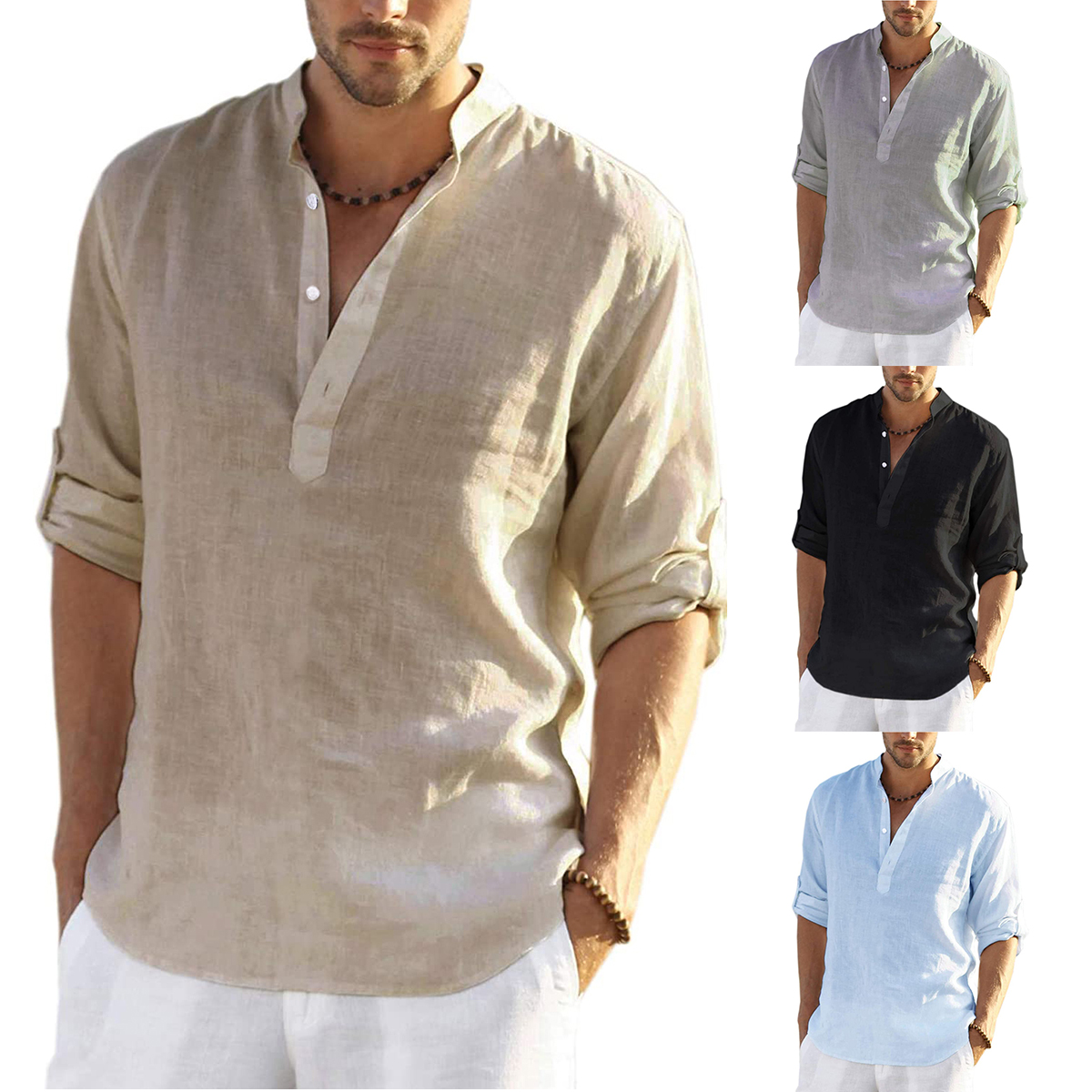 Men's Casual Long Sleeve Linen Shirts Fashion Autumn Spring