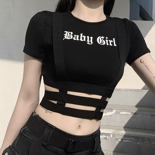 Punk Vintage Goth Graphic T Shirt Women Y2k Crop Top O-neck