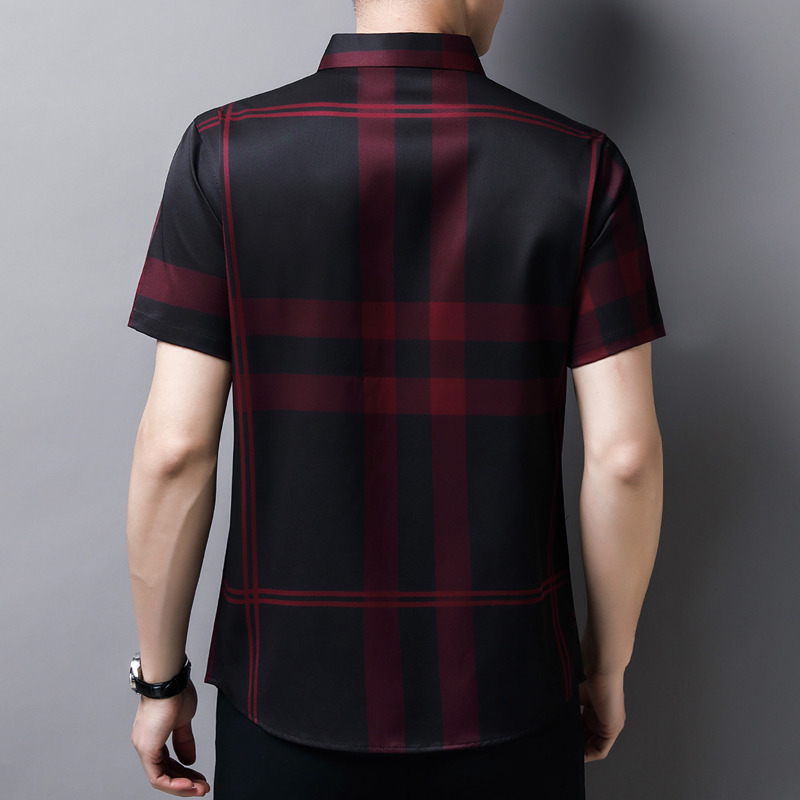 2022 New Plaid Shirt Men High Quality Silk Summer Short