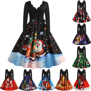 Print Vintage Christmas Black Women Swing Dress Winter Big