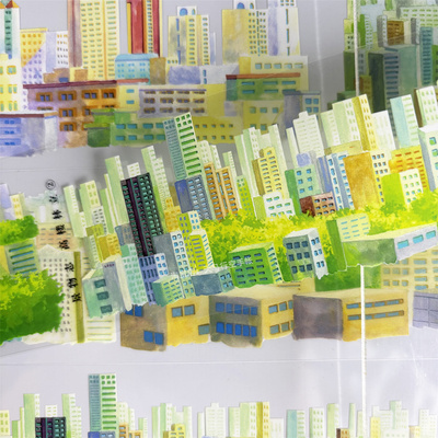 手帐分装胶带高楼林立②景物志楼层房屋群立日出城PET素材账贴纸