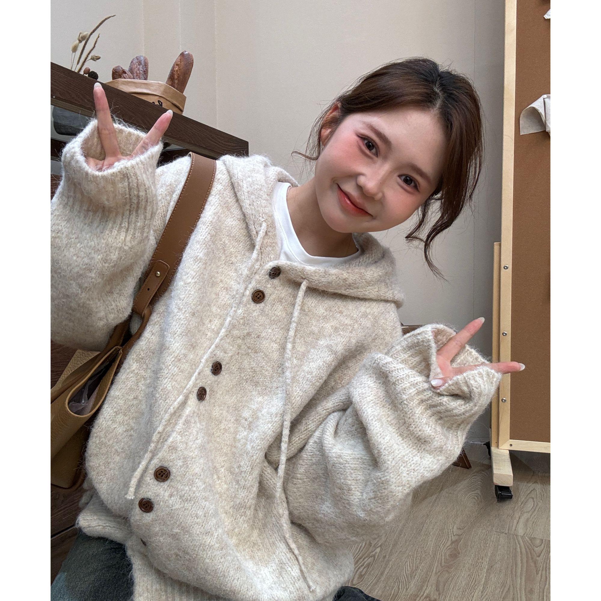 连帽毛衣开衫外套女秋冬季加厚韩系穿搭宽松慵懒风针织衫软糯上衣