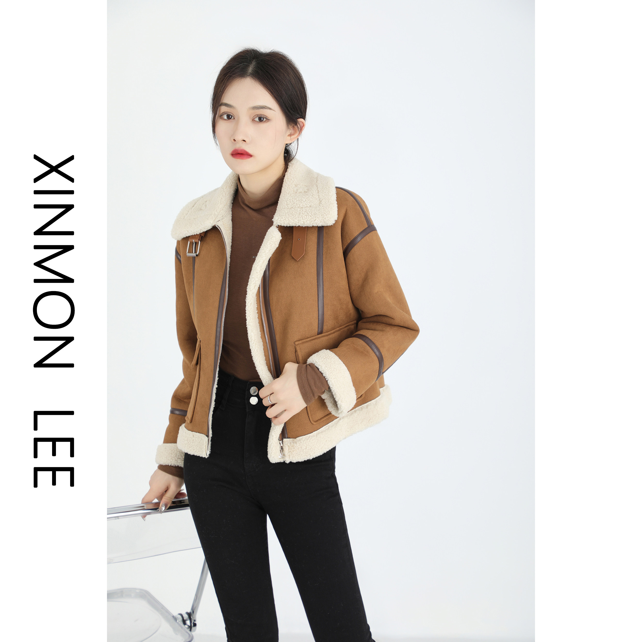 XinmonLee韩版机车服加厚皮毛一体羊羔绒外套女冬季短款毛毛上衣